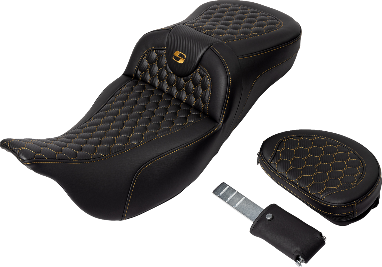 RoadSofa™ Seat - Honeycomb - Gold Stitch - With Backrest - Extended Reach - FLH/FLT '08-'24