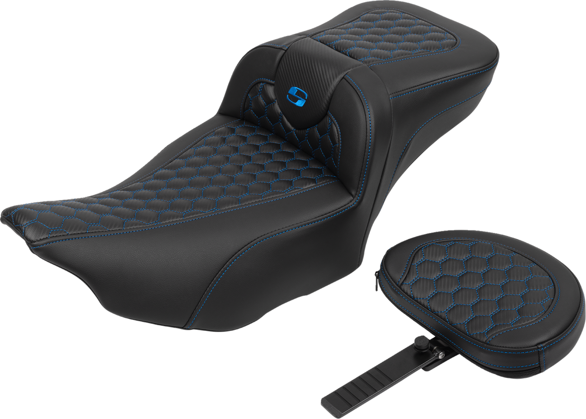 Roadsofa™ Extended Reach Seat - With Backrest - Honeycomb - Blue Stitch - FLTR/FLHX '23-'24