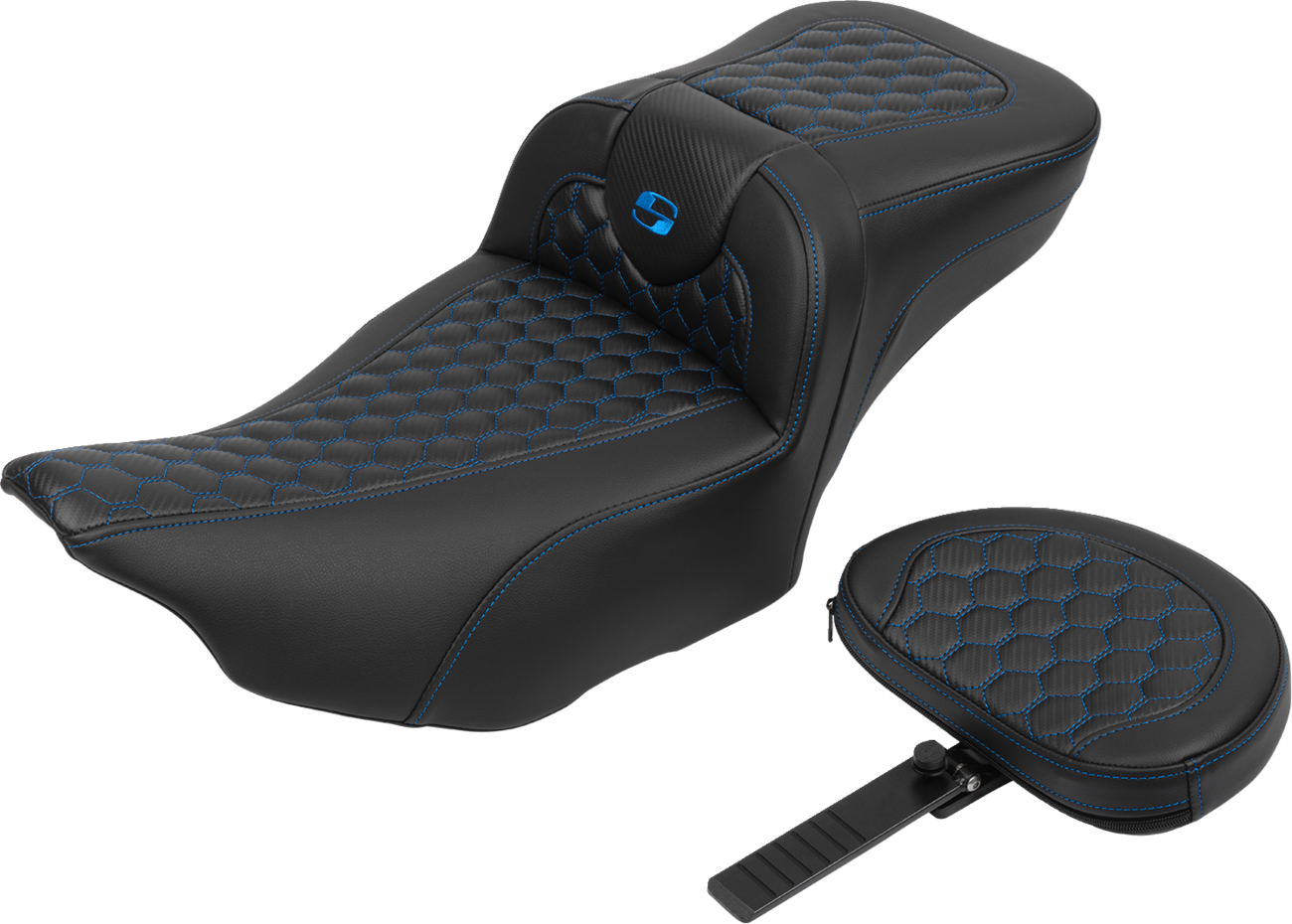 Roadsofa™ Extended Reach Seat - With Backrest - Honeycomb - Blue Stitch - FLTR/FLHX '23-'24