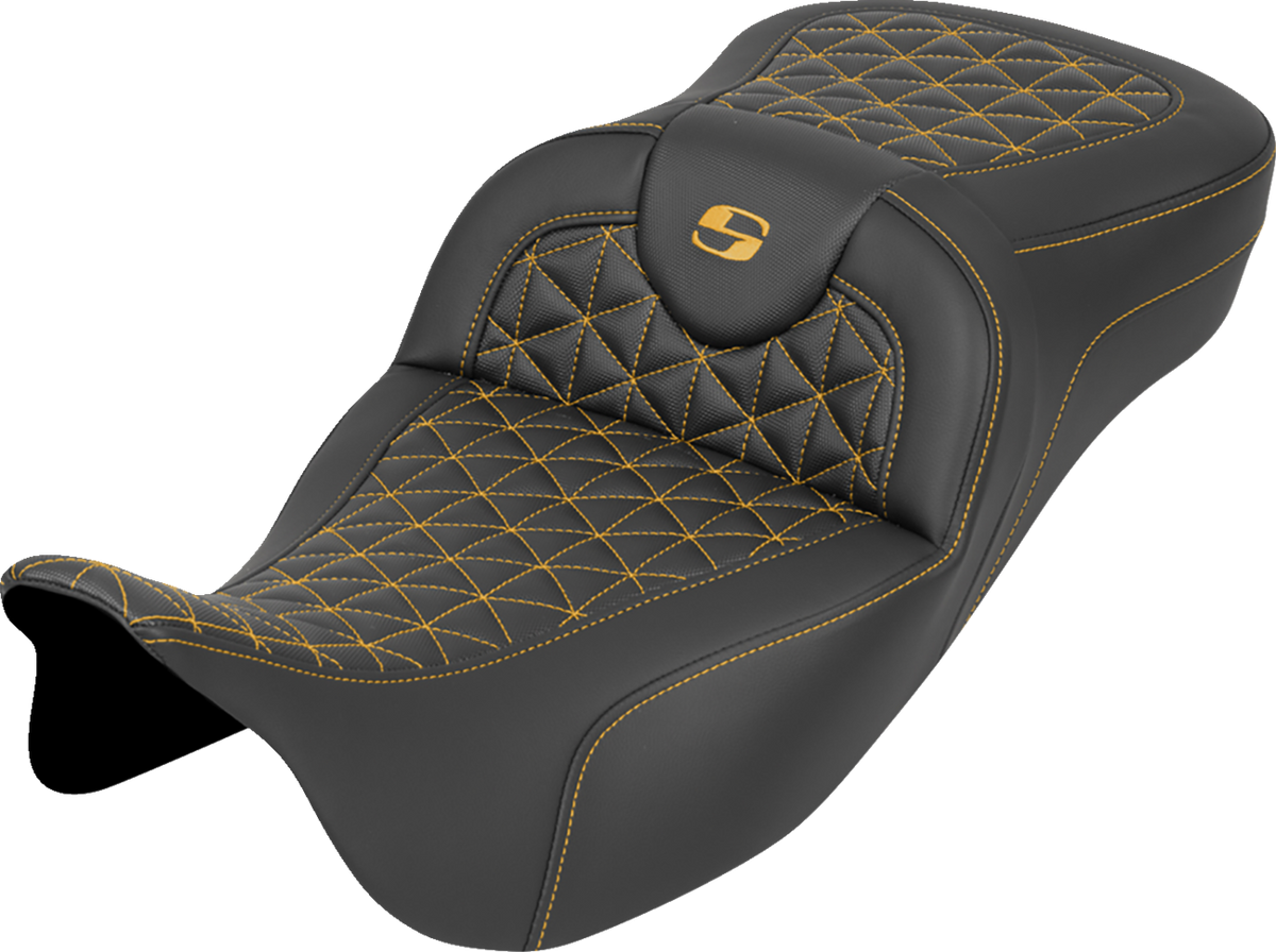RoadSofa™ Tri Gripper Seat - Extended Reach - Gold Stitch - W/O Backrest - FLH/FLT '08-'25