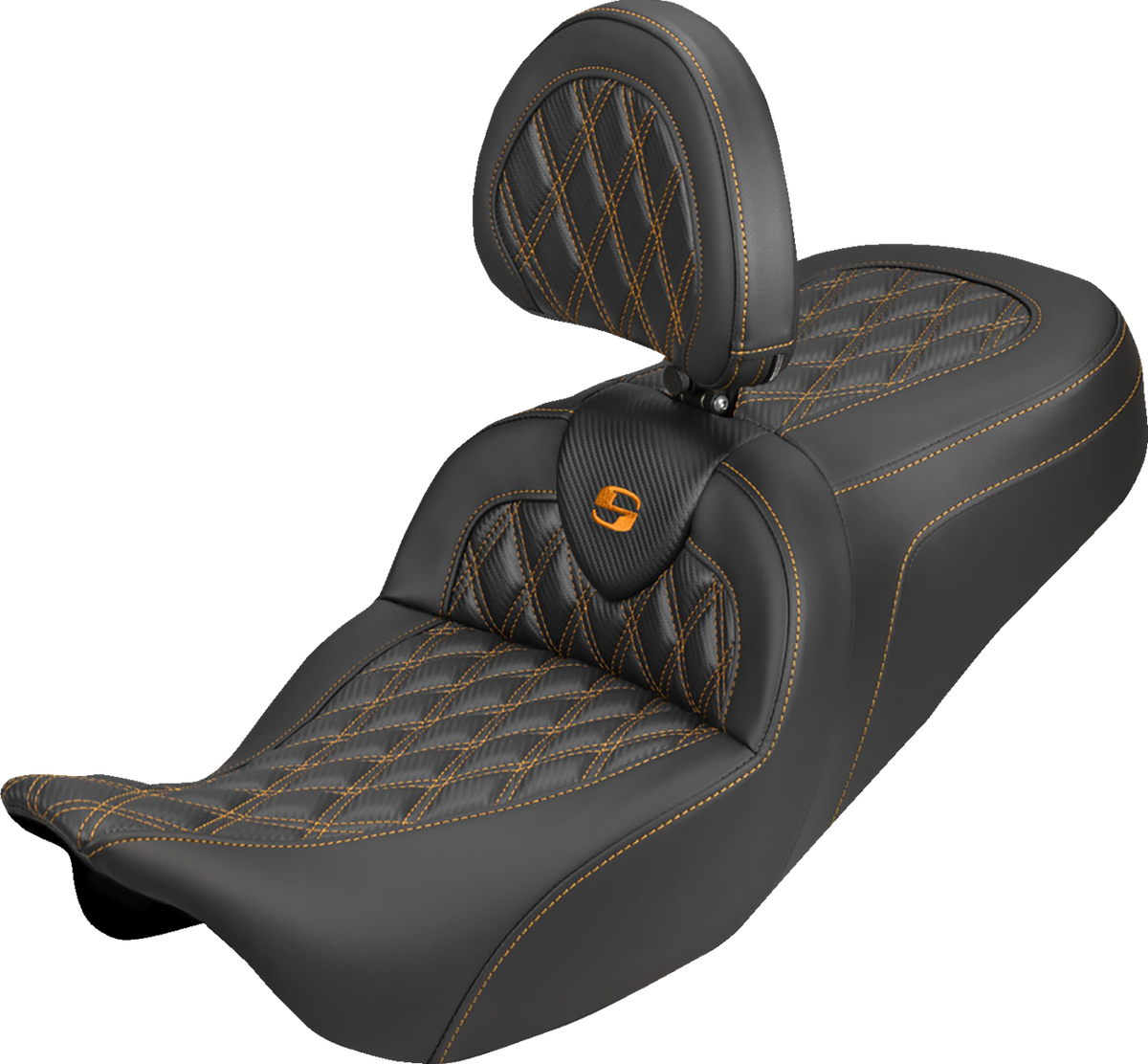 Roadsofa™ Carbon Fiber Seat - Lattice - Orange Stitch - With Backrest - FLH/FLT '08-'25