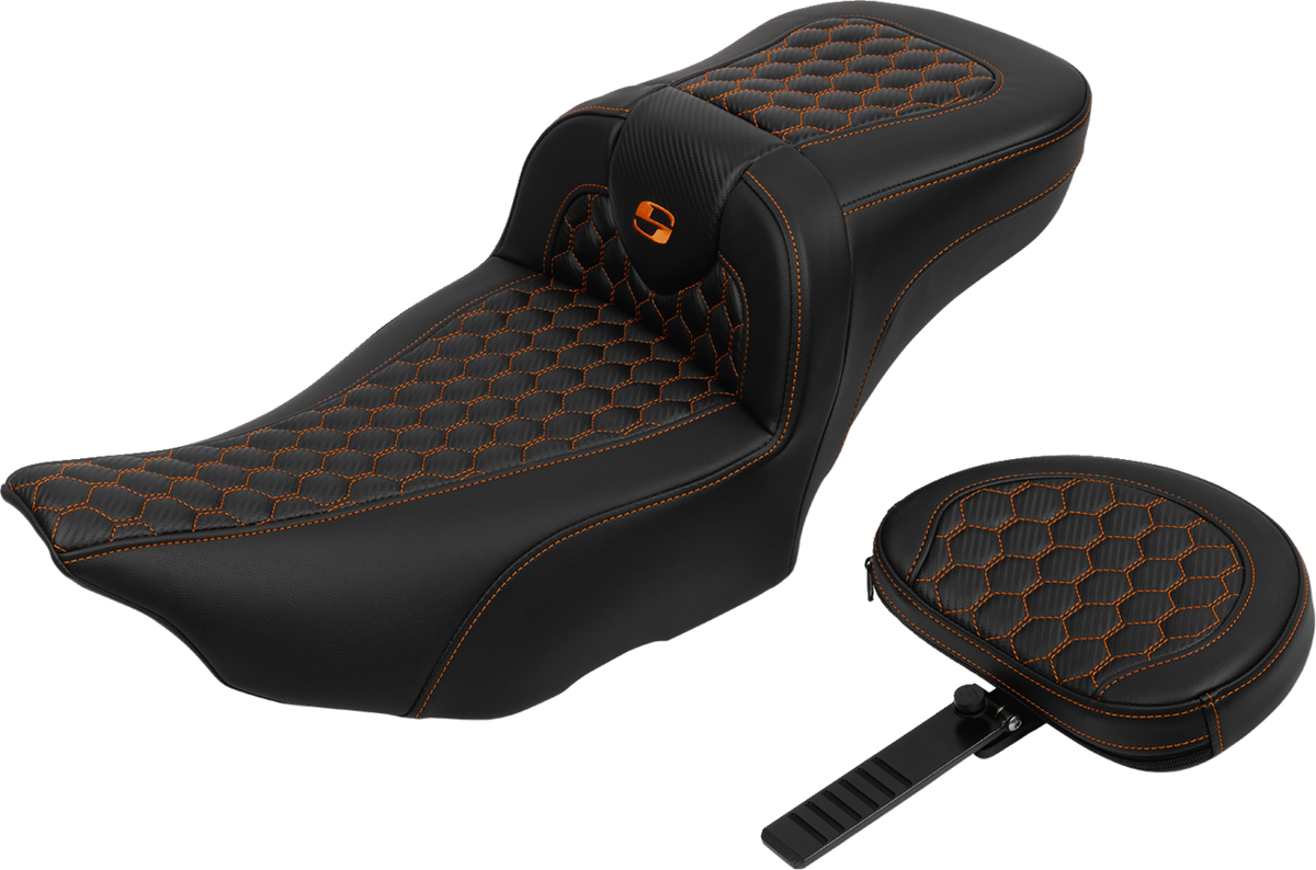 Roadsofa™ Extended Reach Seat - With Backrest - Honeycomb - Orange Stitch - FLTR/FLHX '23-'24