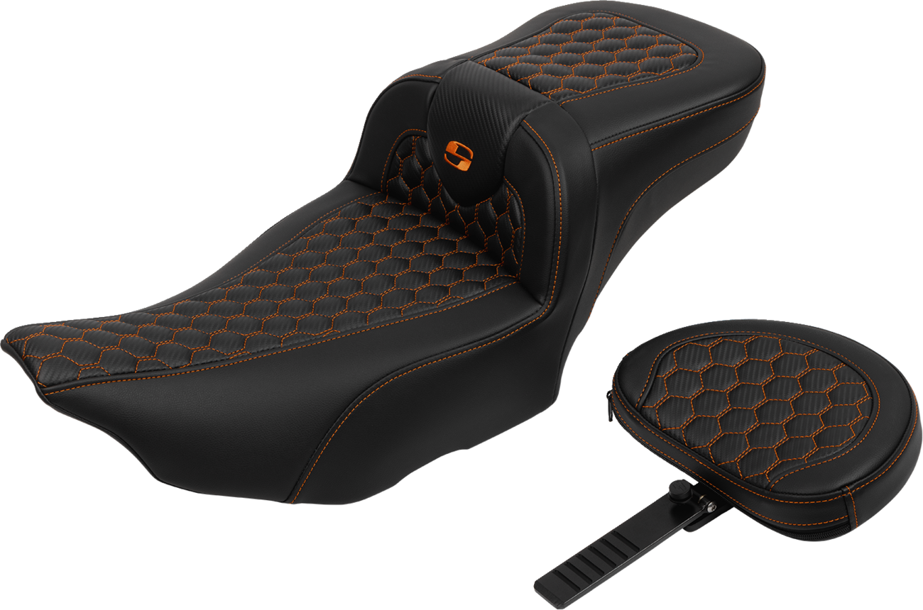 Roadsofa™ Extended Reach Seat - With Backrest - Honeycomb - Orange Stitch - FLTR/FLHX '23-'24