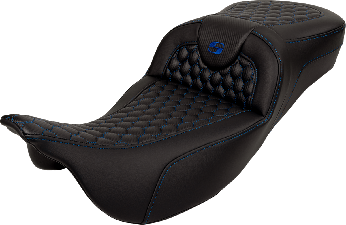 RoadSofa™ Seat - Honeycomb - Blue Stitch - Extended Reach - Without Backrest - FLH/FLT '08-'24