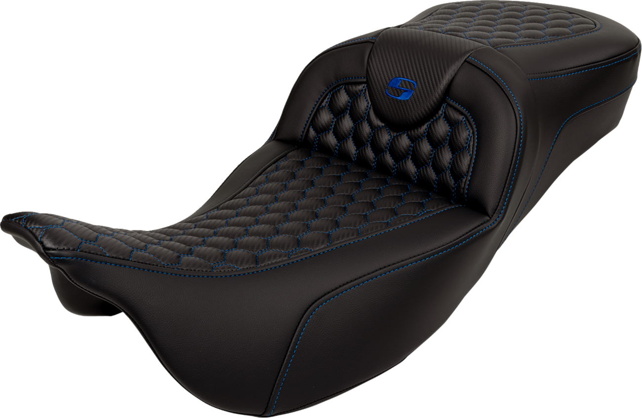 RoadSofa™ Seat - Honeycomb - Blue Stitch - Extended Reach - Without Backrest - FLH/FLT '08-'24
