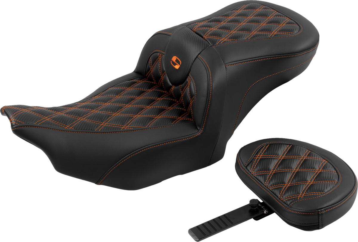 RoadSofa™ Seat - With Backrest - Carbon Fiber - Lattice Stitch - Orange Stitch - FLTR/FLHX '23-'24