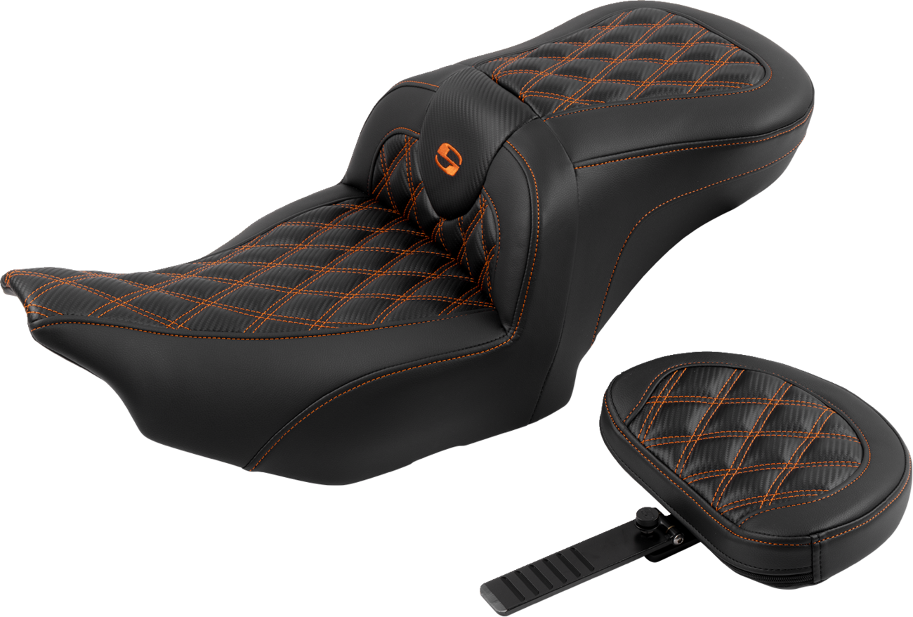 RoadSofa™ Seat - With Backrest - Carbon Fiber - Lattice Stitch - Orange Stitch - FLTR/FLHX '23-'24