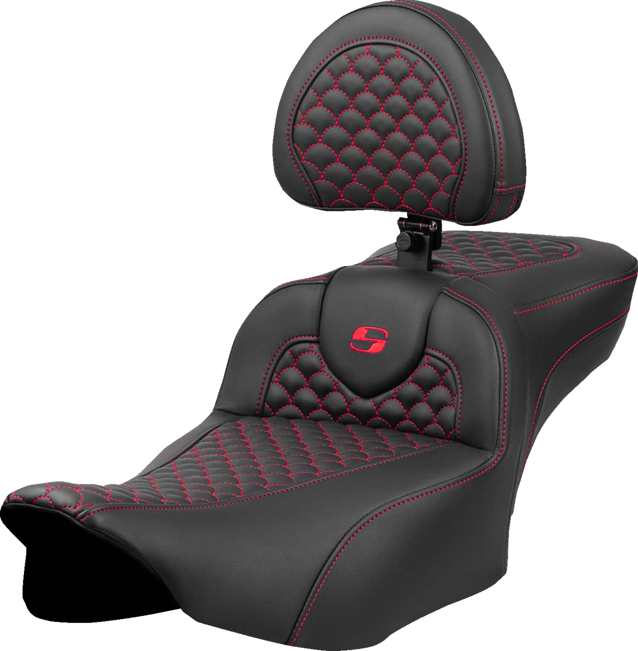 Roadsofa™ Extended Reach Seat - Dragon Scale Stitch - Red Stitch - W/ Backrest - FLTR/FLHX '23-'24