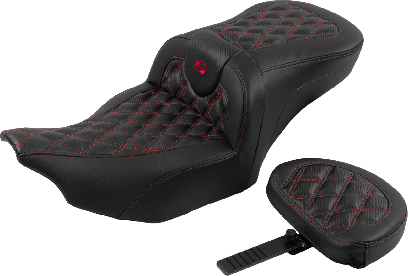 RoadSofa™ Seat - With Backrest - Carbon Fiber - Lattice Stitch - Red Stitch - FLTR/FLHX '23-'24
