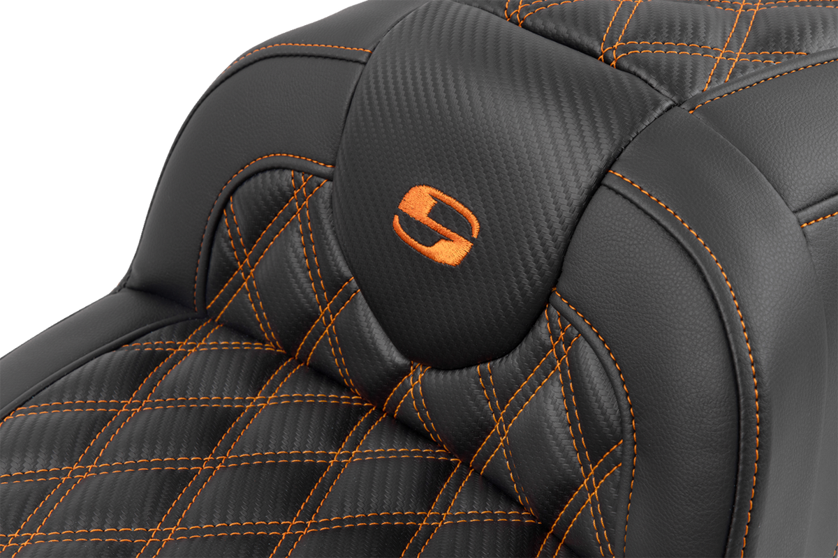 RoadSofa™ Seat - With Backrest - Carbon Fiber - Lattice Stitch - Orange Stitch - FLTR/FLHX '23-'24