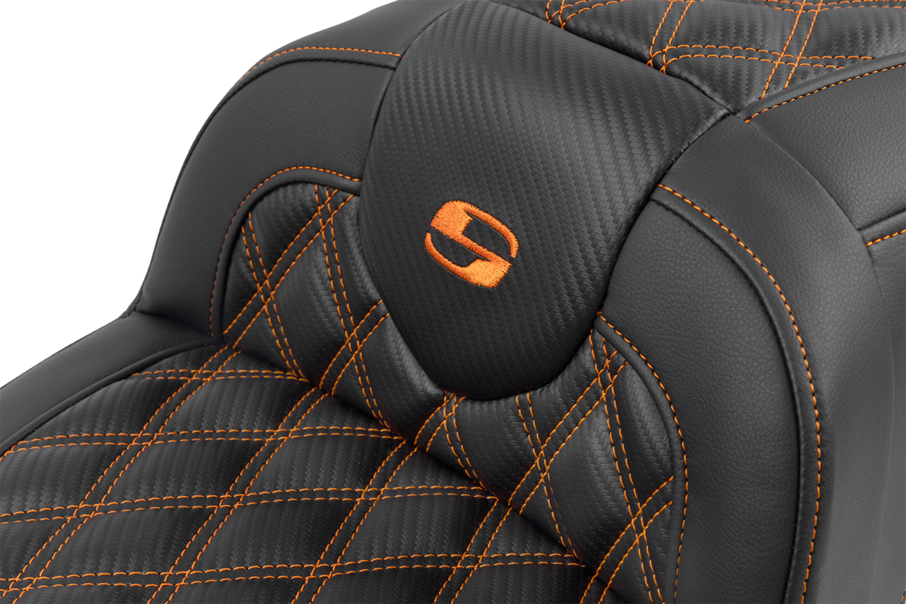 RoadSofa™ Seat - With Backrest - Carbon Fiber - Lattice Stitch - Orange Stitch - FLTR/FLHX '23-'24